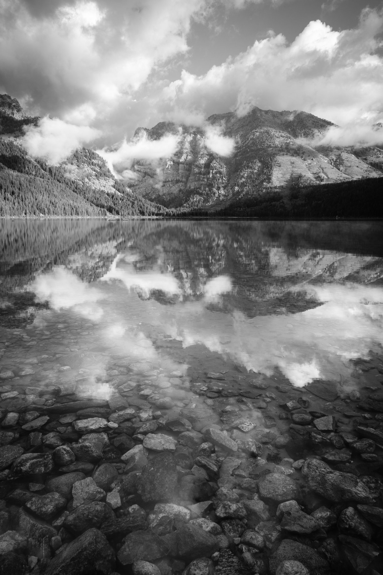 Rocks under the surface of Phelps Lake. In the background, Death Canyon and Albright Peak, reflected in the water.