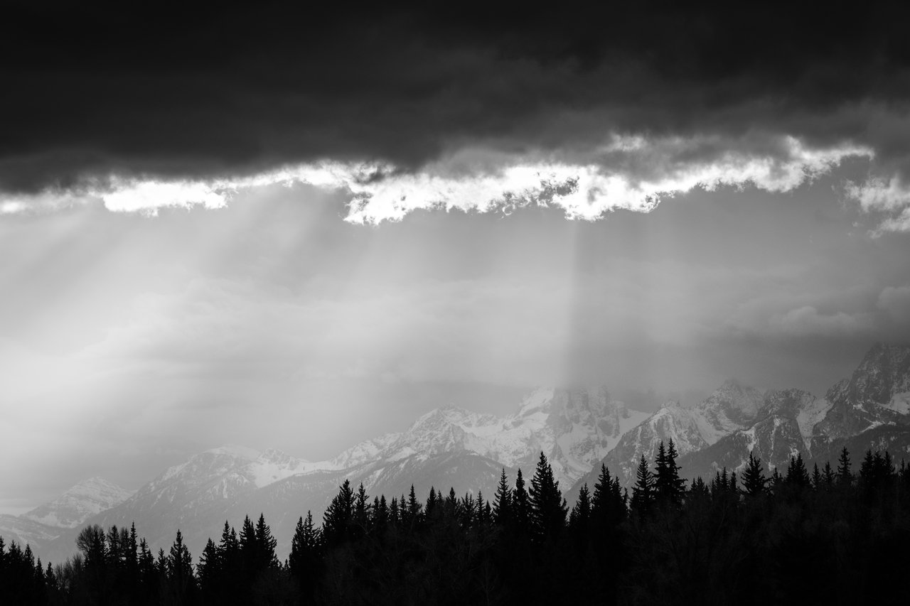 The Teton Range behind a line of trees, as crepuscular rays shine on them.