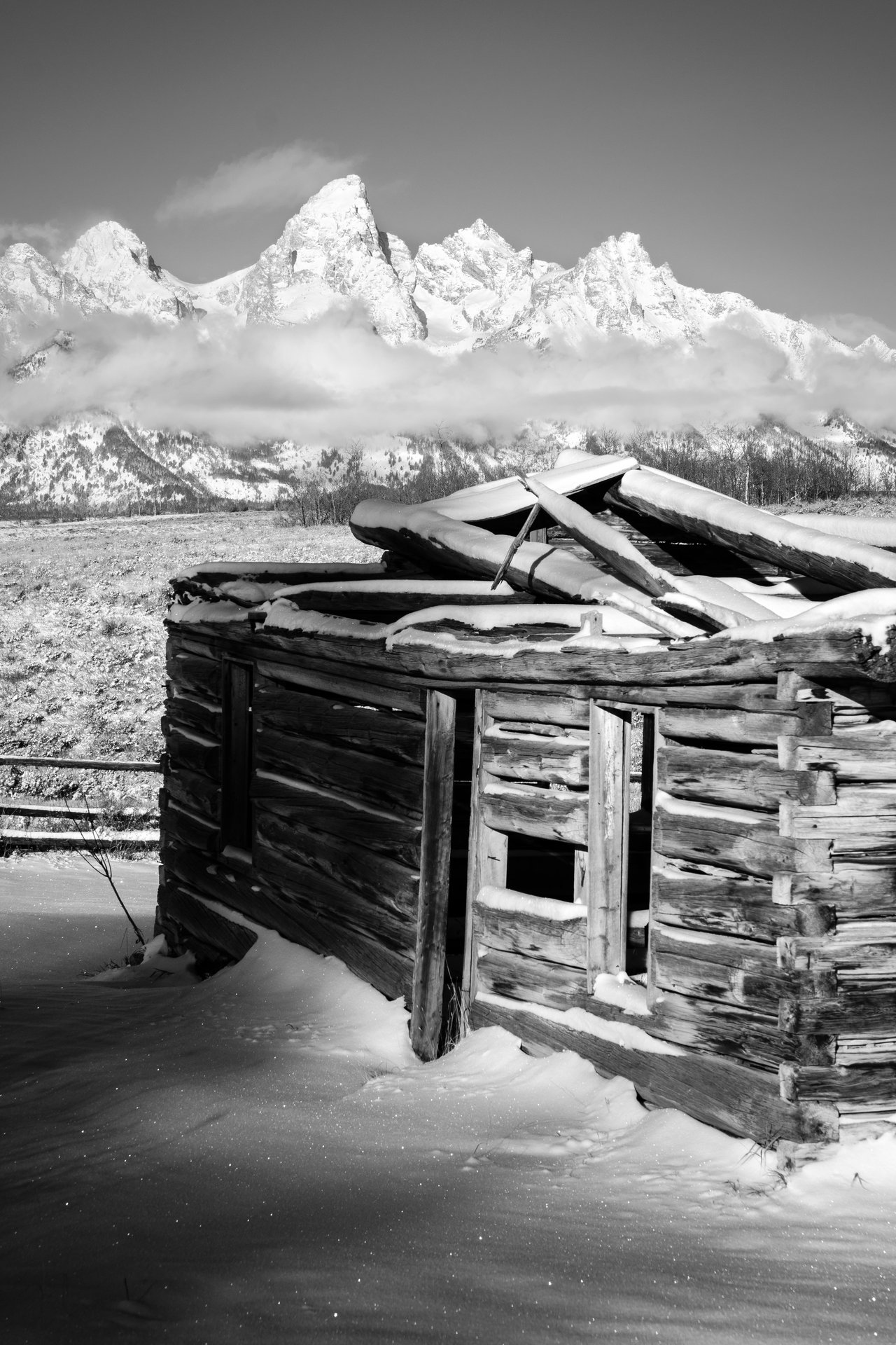 The Shane Cabin at Grand Teton National Park, with the Tetons in the background.