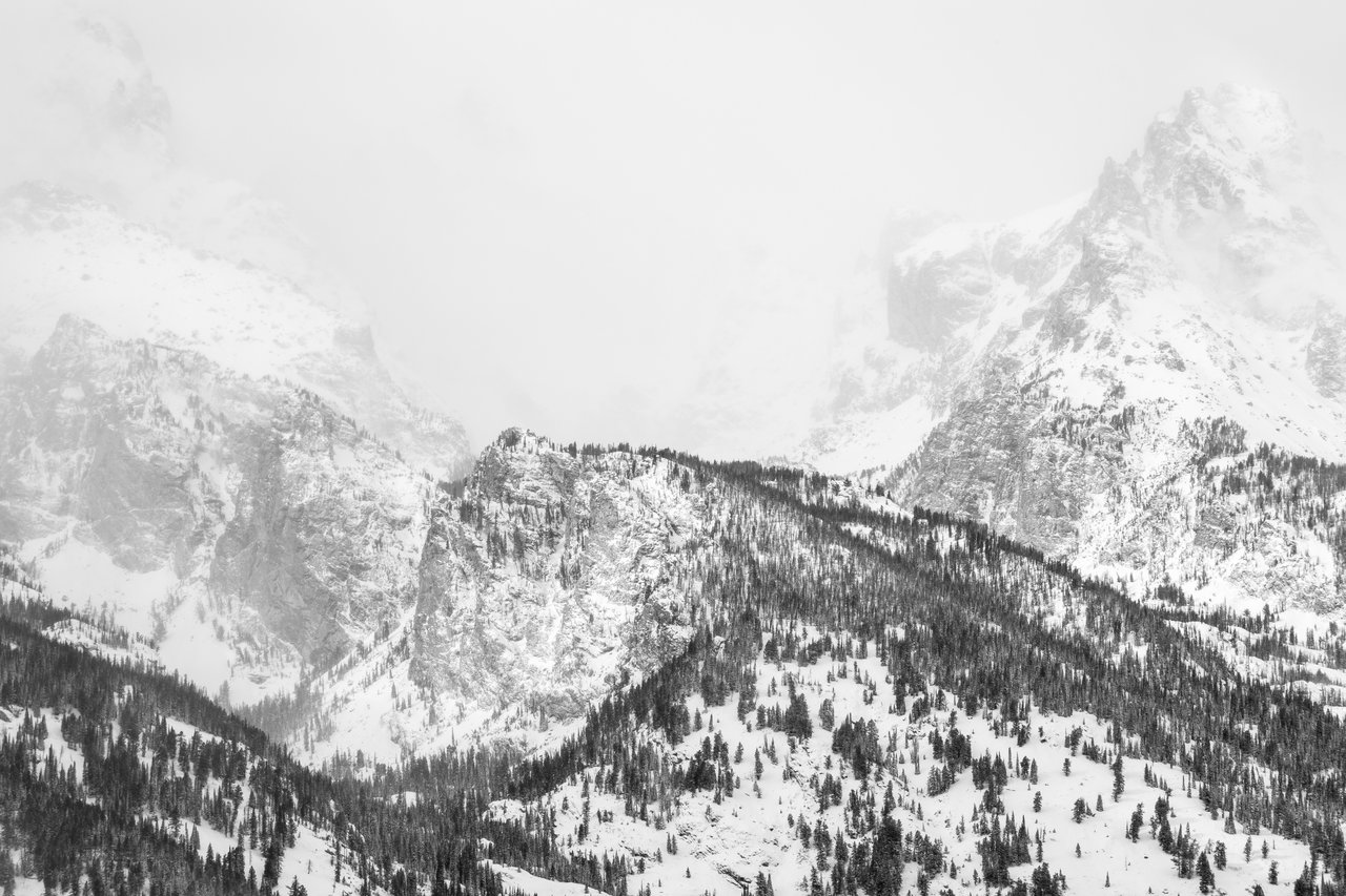 A close-up of the Tetons during a snow storm.